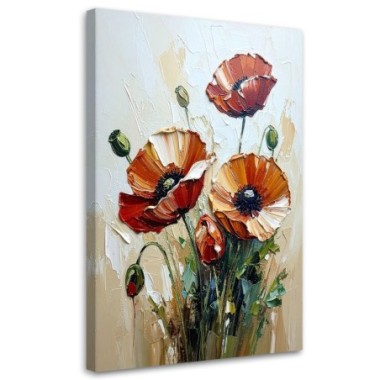Quadro su tela, Papaveri rossi Fiori su sfondo beige...
