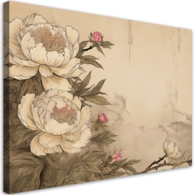 Quadro su tela, Peonie Fiori beige retrà² - 60x40