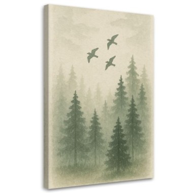 Quadro su tela, Pini Uccelli Foresta Acquerello...