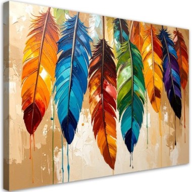 Quadro su tela, Piume colorate effetto vernice beige...
