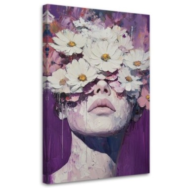 Quadro su tela, Ragazza con fiori dipinti in testa -...