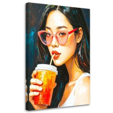Quadro su tela, Ragazza con occhiali che beve caffà¨...