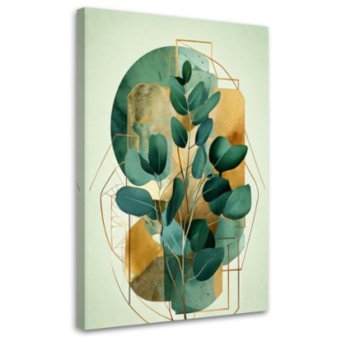 Quadro su tela, Ramo Foglie Geometrico Verde Oro...