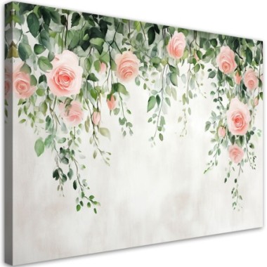 Quadro su tela, Rose pendenti fiori foglie verdi...