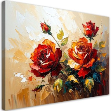 Quadro su tela, Rose rosse Fiori su sfondo beige...