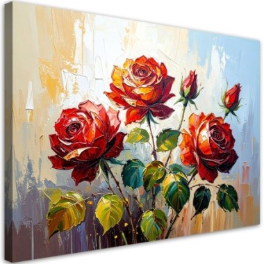Quadro su tela, Rose rosse su sfondo astratto beige...