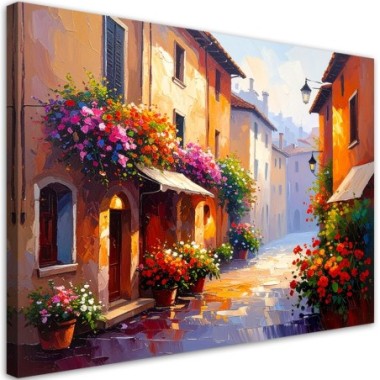 Quadro su tela, Stradine italiane Fiori Case - 90x60