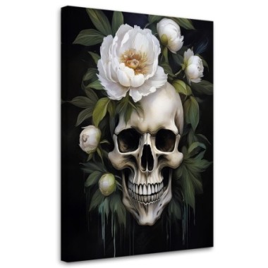 Quadro su tela, Teschio Fiori di peonia bianchi - 60x90