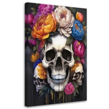 Quadro su tela, Teschio Peonie Fiori colorati - 80x120