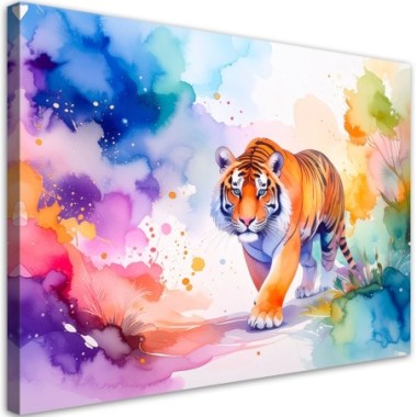 Quadro su tela, Tigre colorato Safari Acquerello -...