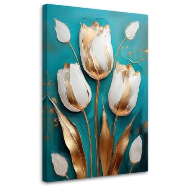 Quadro su tela, Tulipani bianco oro sfondo turchese...