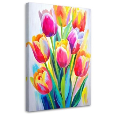 Quadro su tela, Tulipani colorati acquerello...