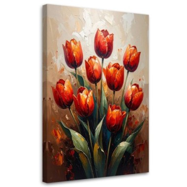Quadro su tela, Tulipani rossi Fiori su sfondo beige...