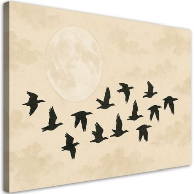 Quadro su tela, Uccelli Luna Acquerello Beige - 120x80