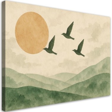 Quadro su tela, Uccelli Montagne Acquerello Verde...