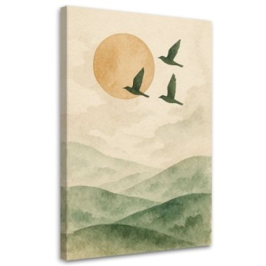 Quadro su tela, Uccelli Montagne Acquerello Verde...