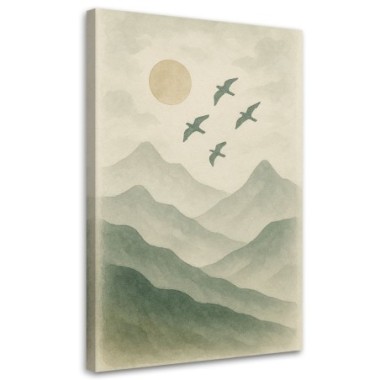 Quadro su tela, Uccelli Montagne Acquerello Verde...