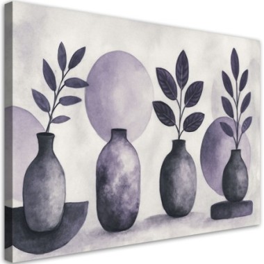 Quadro su tela, Vasi Foglie Acquerello Viola - 90x60