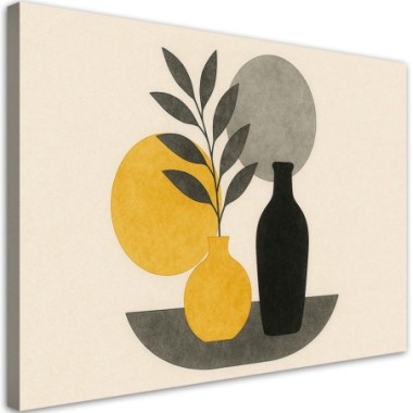 Quadro su tela, Vasi Foglie Minimalismo Giallo - 100x70