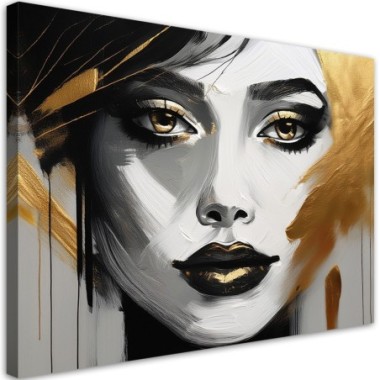 Quadro su tela, Volto di donna con elementi dorati...