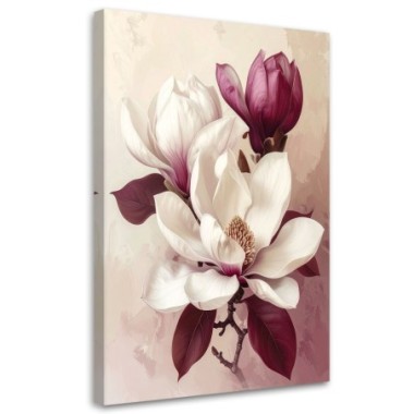 Stampe su Tela, Magnolia bianca con foglie bordeaux...
