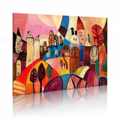 Quadro dipinto - Villaggio nei colori d'autunno - 90x60