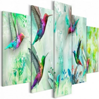 Quadro - Colourful Hummingbirds (5 Parts) Wide Green...