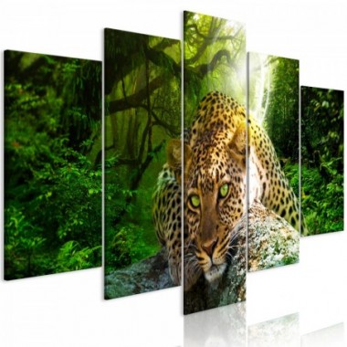 Quadro - Leopard Lying (5 Parts) Wide Green - 100x50