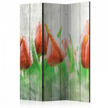 Paravento - Red tulips on wood [Room Dividers] -...